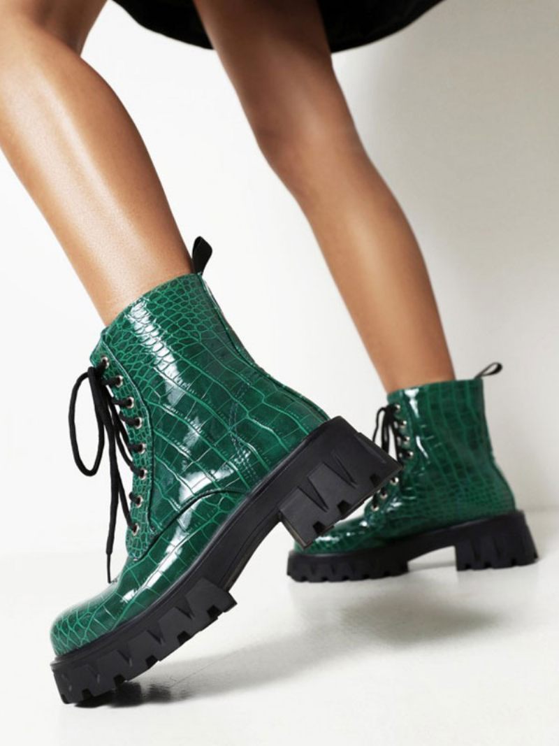 Bottines À Talons Épais Cuir Pu Pour Femmes - Vert