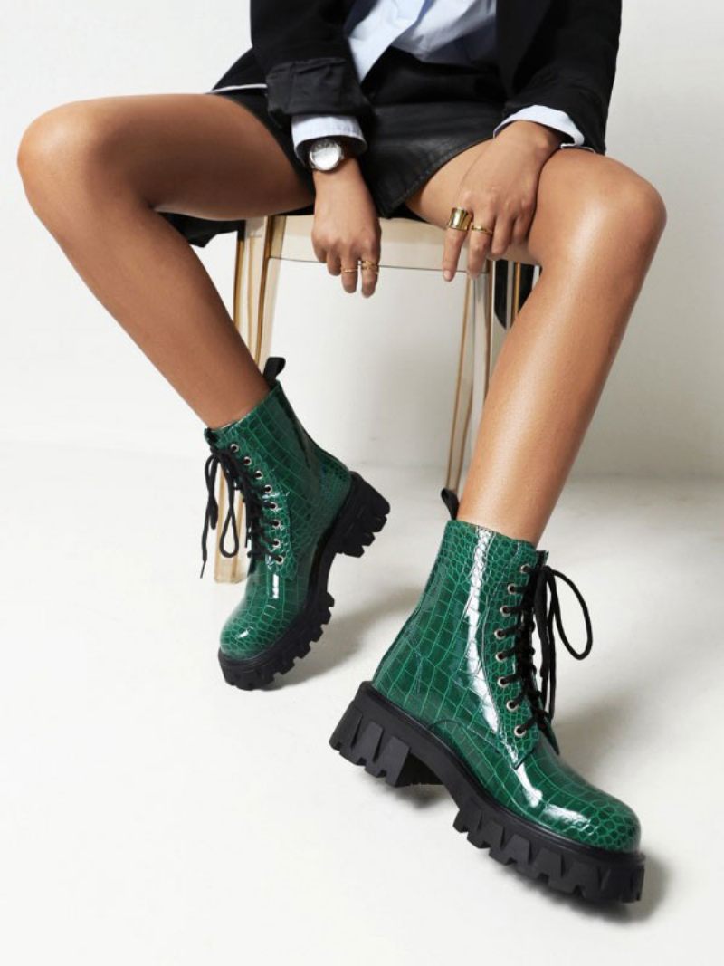 Bottines À Talons Épais Cuir Pu Pour Femmes - Vert