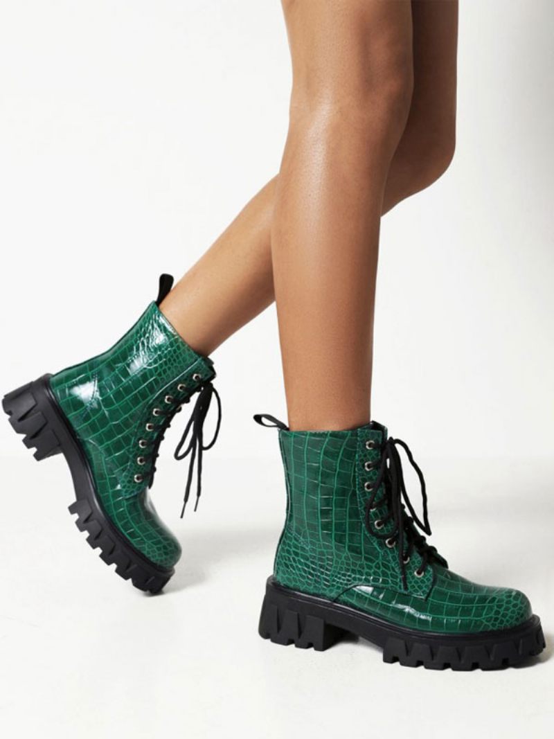 Bottines À Talons Épais Cuir Pu Pour Femmes - Vert