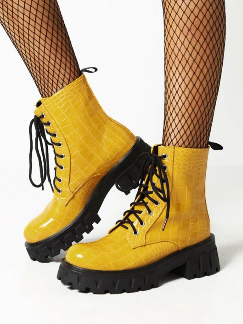 Bottines À Talons Épais Cuir Pu Pour Femmes - Jaune