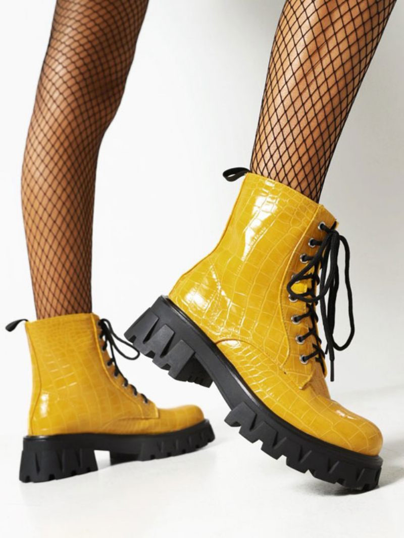 Bottines À Talons Épais Cuir Pu Pour Femmes - Jaune