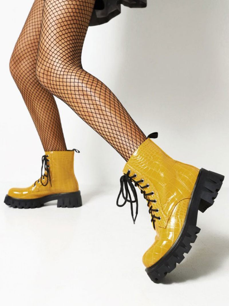 Bottines À Talons Épais Cuir Pu Pour Femmes - Jaune