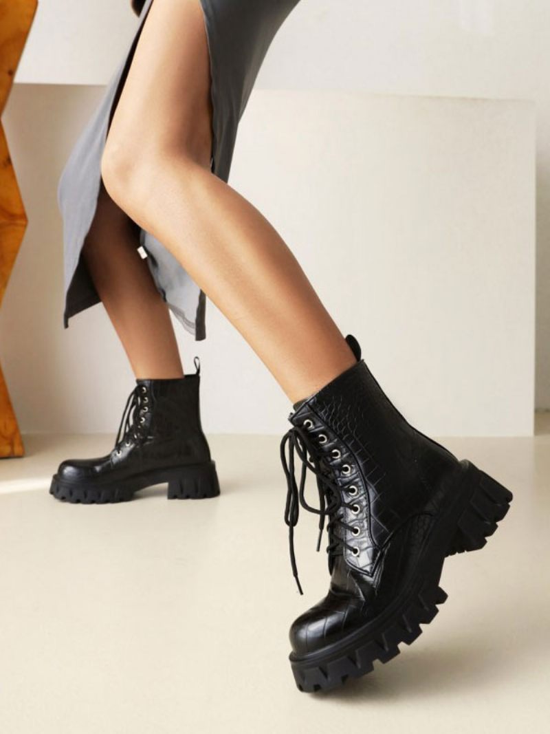 Bottines À Talons Épais Cuir Pu Pour Femmes - Noir