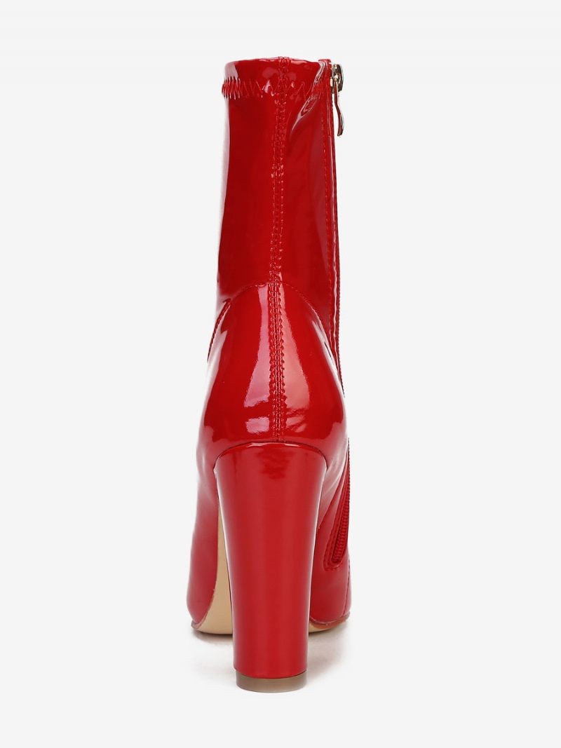 Bottines À Talons Épais Cuir Pu Pour Femmes - Rouge