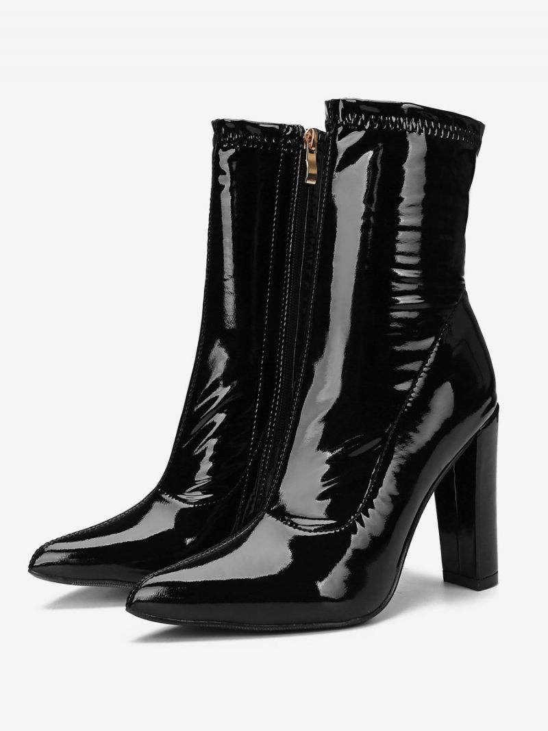 Bottines À Talons Épais Cuir Pu Pour Femmes - Noir