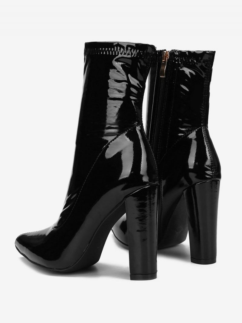 Bottines À Talons Épais Cuir Pu Pour Femmes - Noir