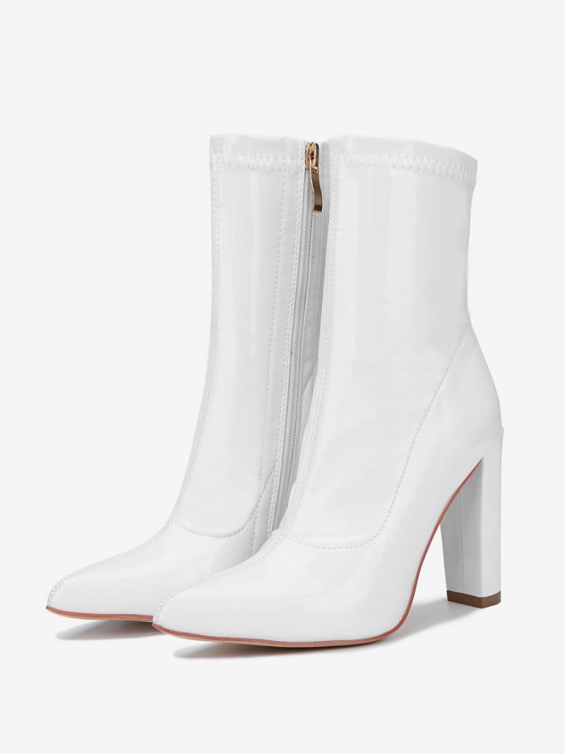 Bottines À Talons Épais Cuir Pu Pour Femmes - Blanc