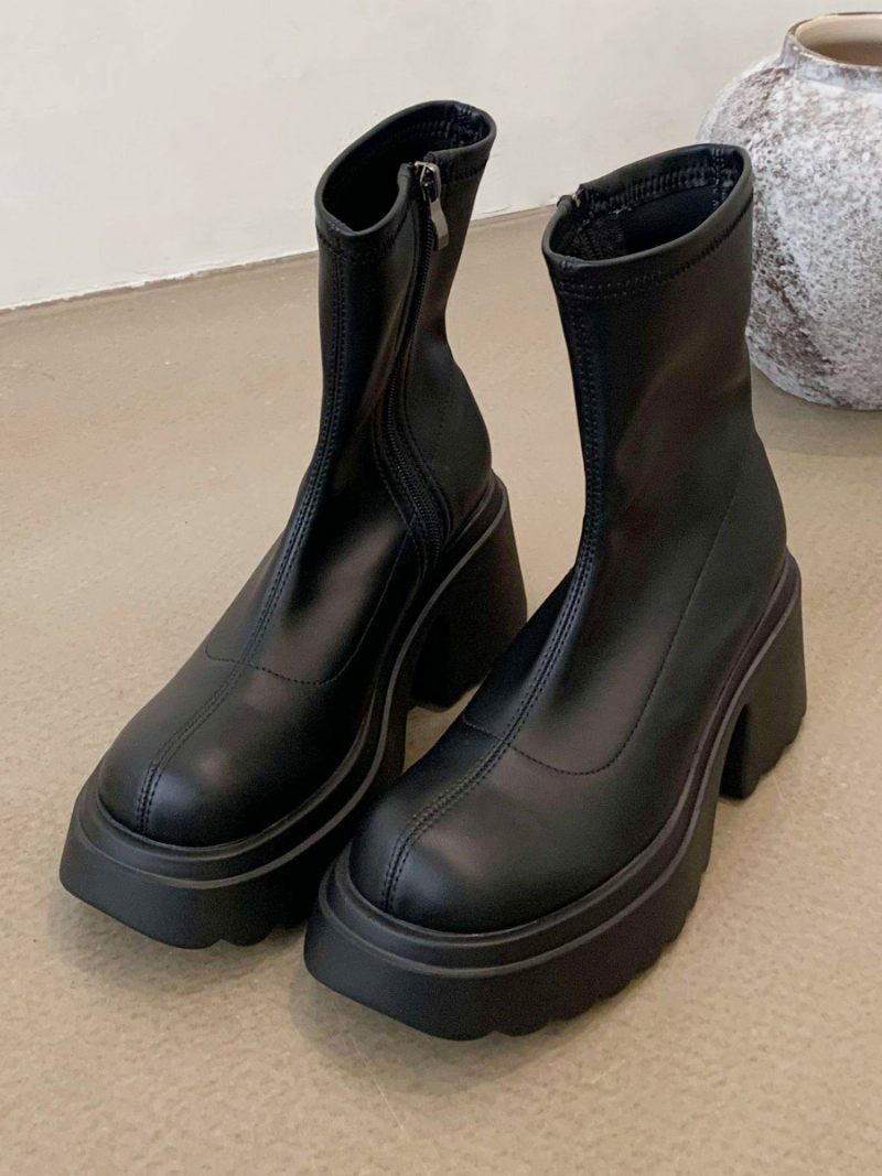 Bottines À Talons Épais Cuir Pu Pour Femmes