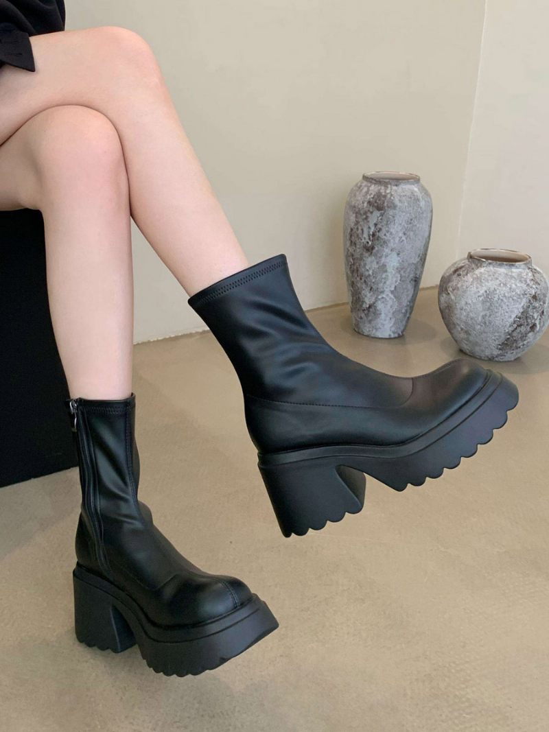 Bottines À Talons Épais Cuir Pu Pour Femmes - Noir