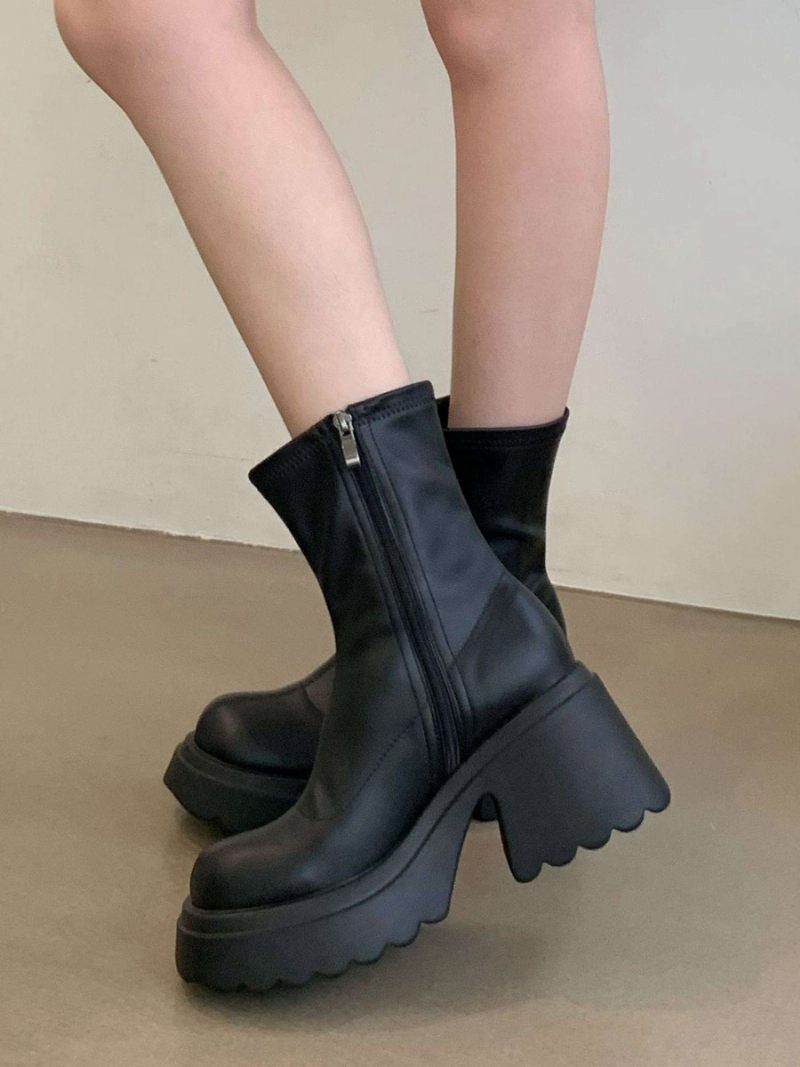 Bottines À Talons Épais Cuir Pu Pour Femmes - Noir