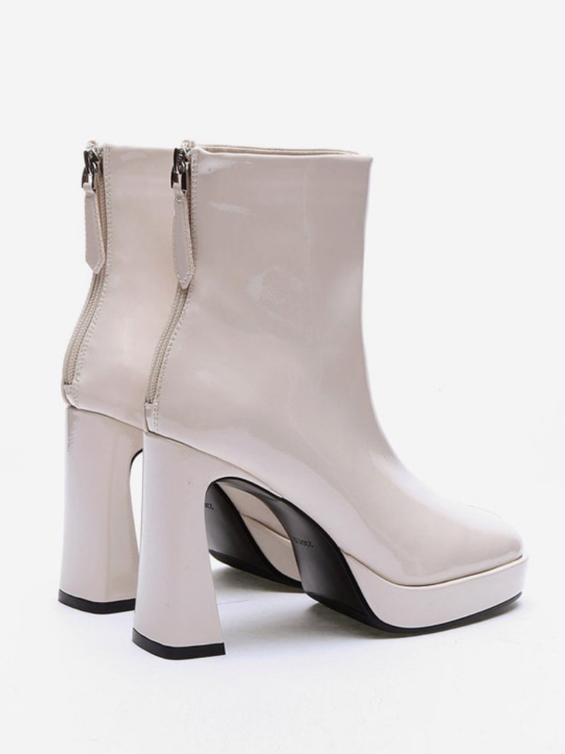 Bottines À Talons Épais Cuir Verni Pour Femmes Bout Carré - Beige