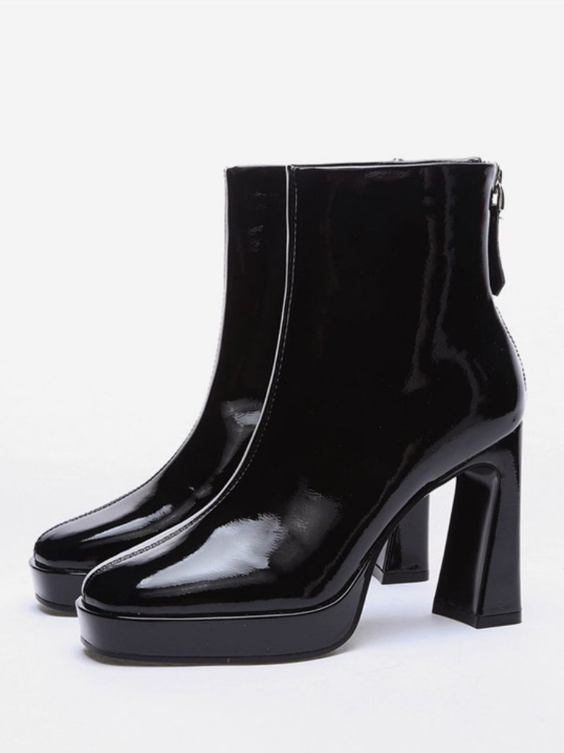 Bottines À Talons Épais Cuir Verni Pour Femmes Bout Carré - Noir