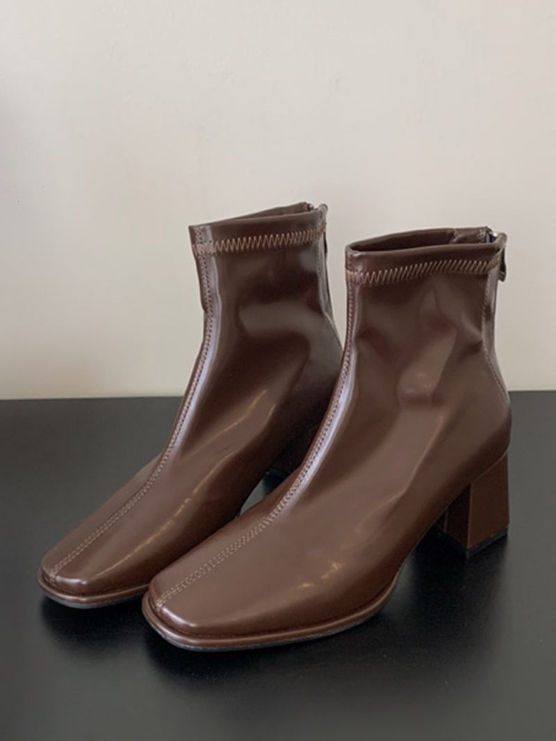 Bottines À Talons Épais Et Bout Carré Pour Femmes - Marron Foncé