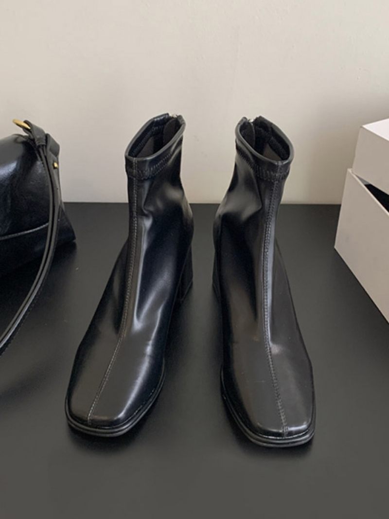 Bottines À Talons Épais Et Bout Carré Pour Femmes - Noir