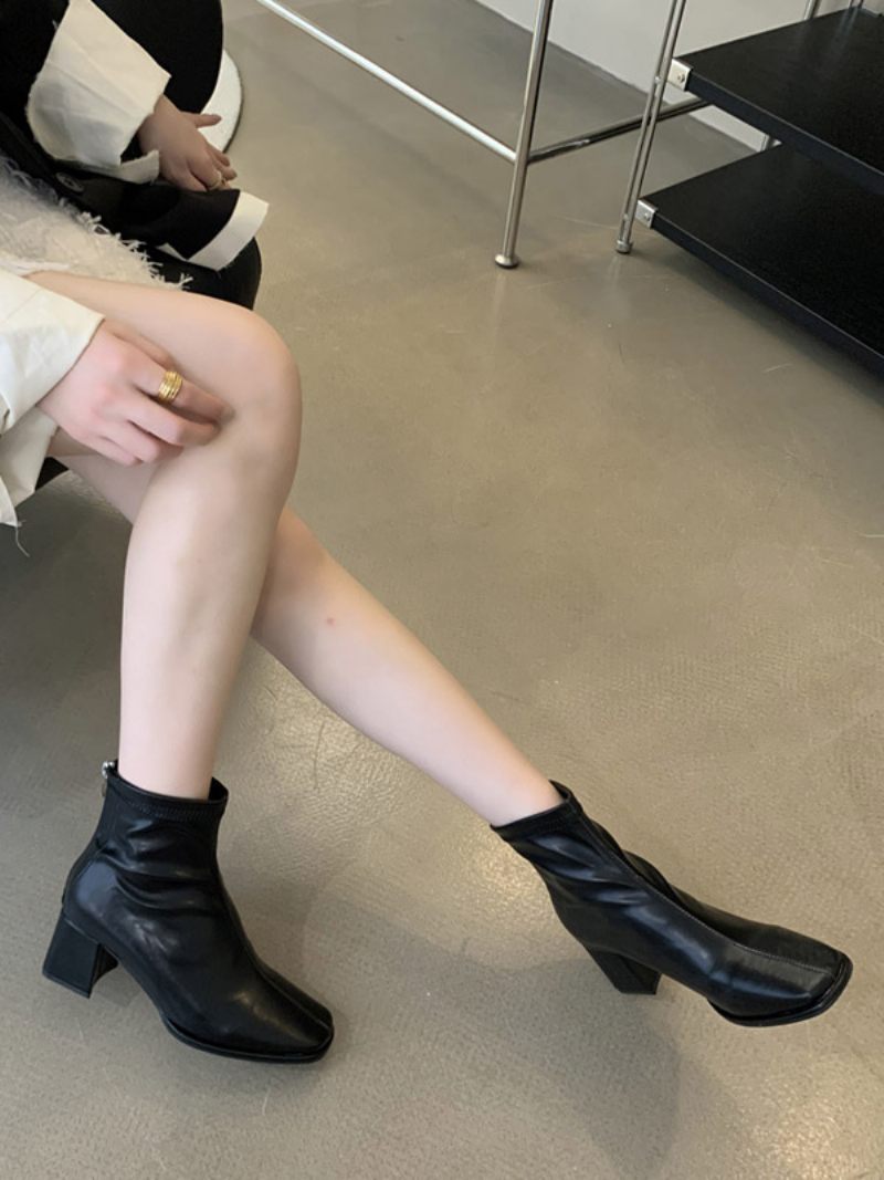 Bottines À Talons Épais Et Bout Carré Pour Femmes - Noir