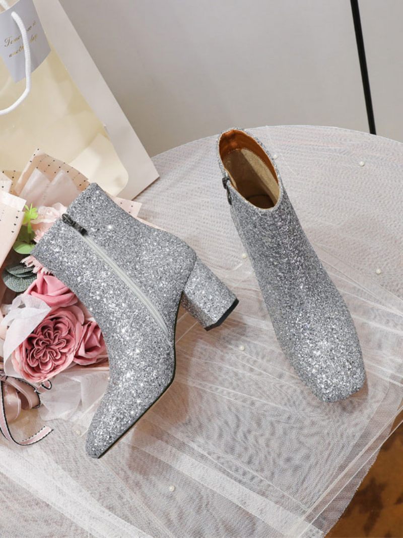 Bottines À Talons Épais Et Bout Carré Tissu Pailleté Pour Femmes - Argent