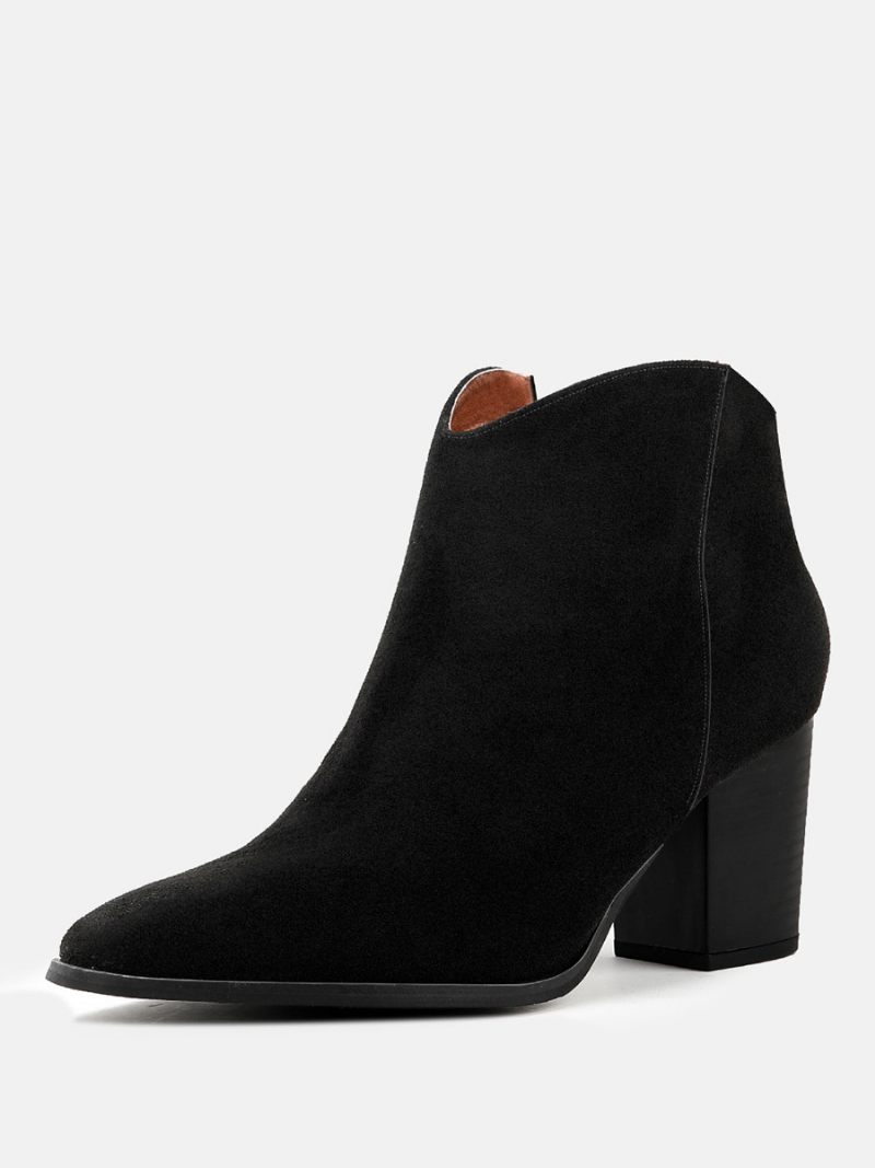 Bottines À Talons Épais Et Bout Pointu Cuir Suédé Pour Femmes - Noir