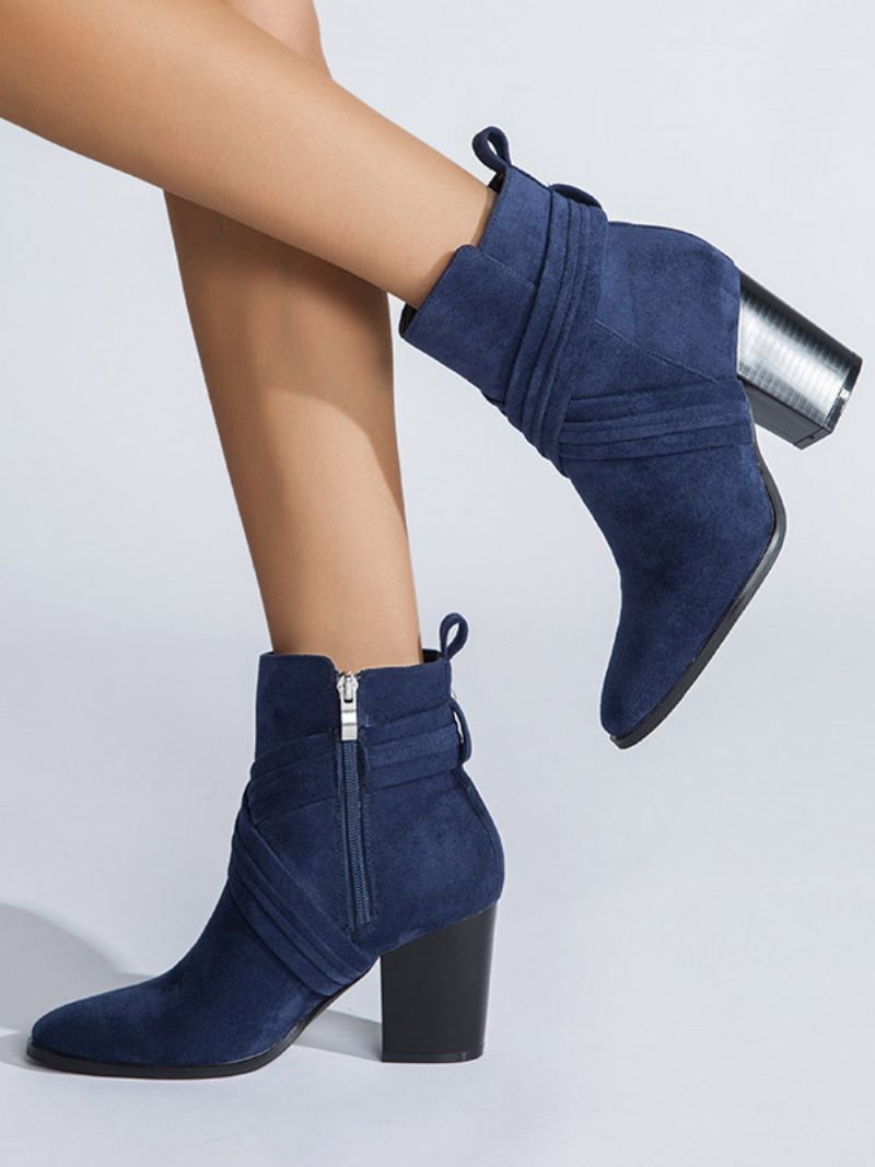 Bottines À Talons Épais Et Bout Pointu Cuir Suédé Pour Femmes - Bleu Profond