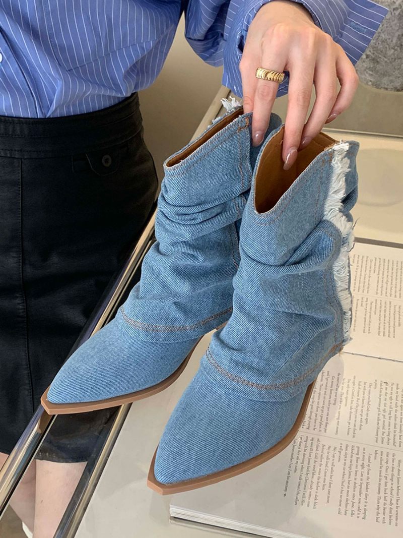 Bottines À Talons Épais Et Bout Pointu Pour Femmes - Bleu Ciel Clair