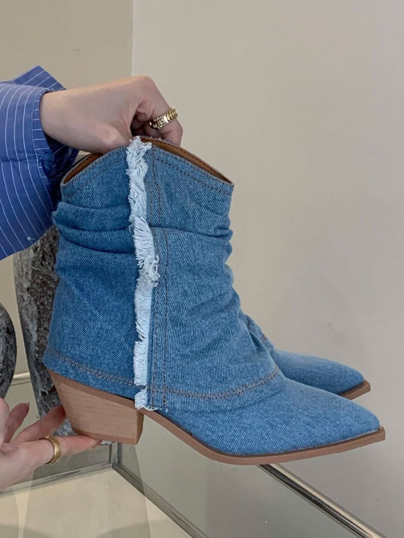 Bottines À Talons Épais Et Bout Pointu Pour Femmes - Bleu Ciel Clair