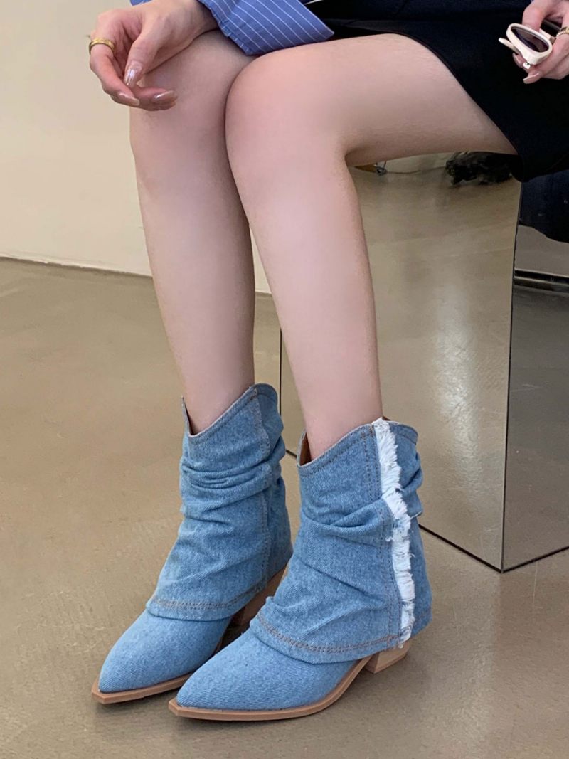 Bottines À Talons Épais Et Bout Pointu Pour Femmes - Bleu Ciel Clair