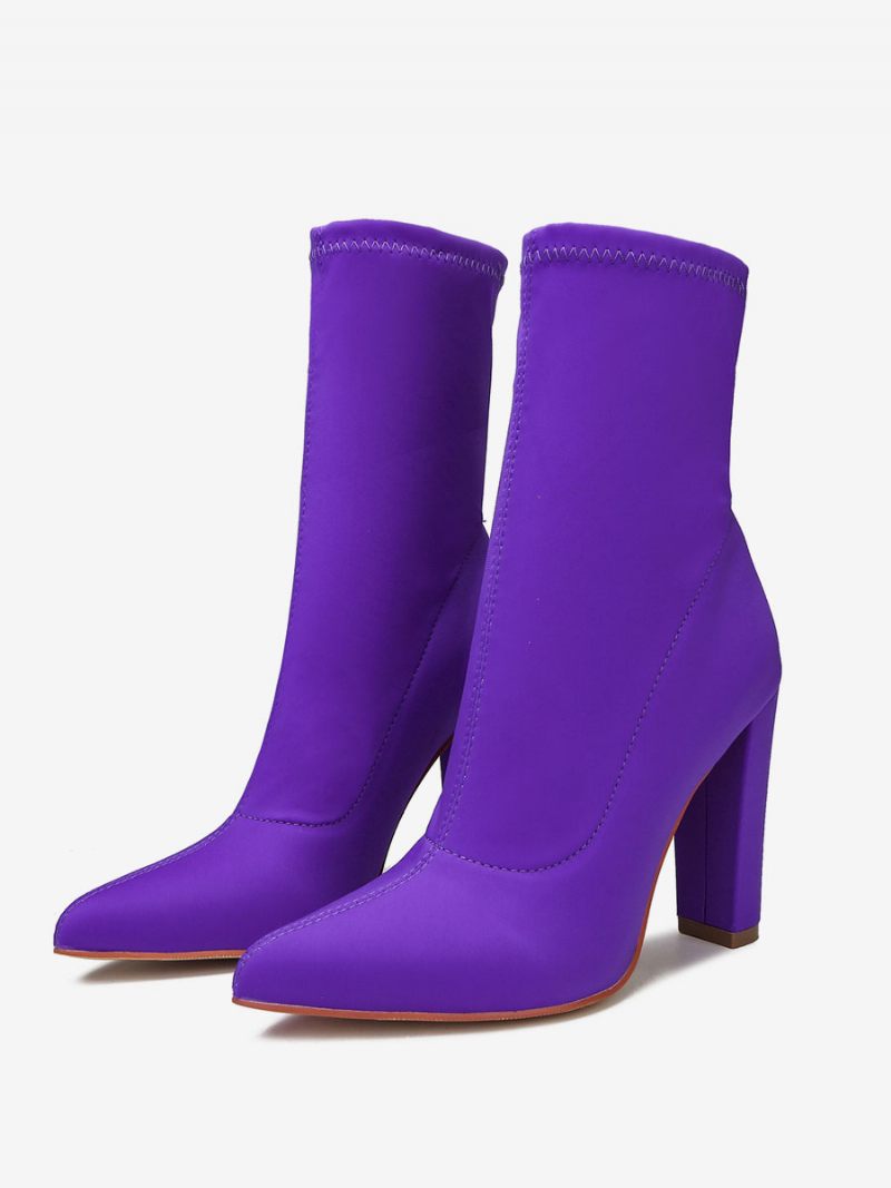 Bottines À Talons Épais Et Bout Pointu Tissu Élastique Pour Femmes - Violet