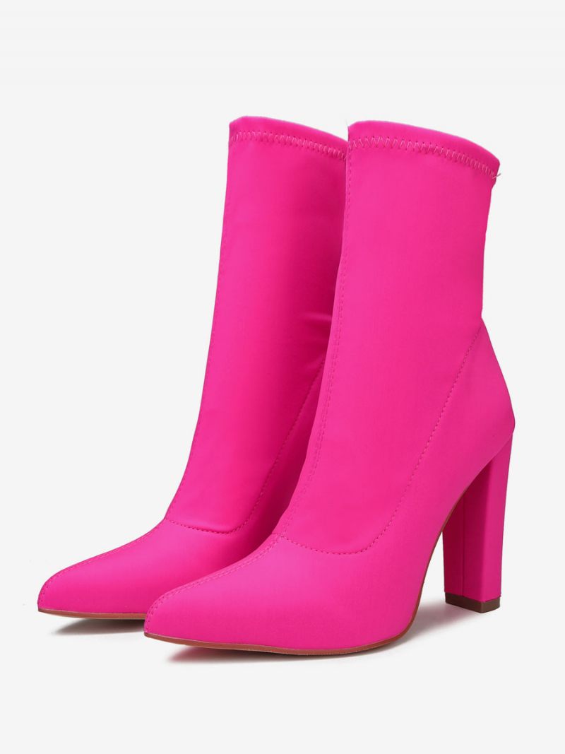 Bottines À Talons Épais Et Bout Pointu Tissu Élastique Pour Femmes - Rose