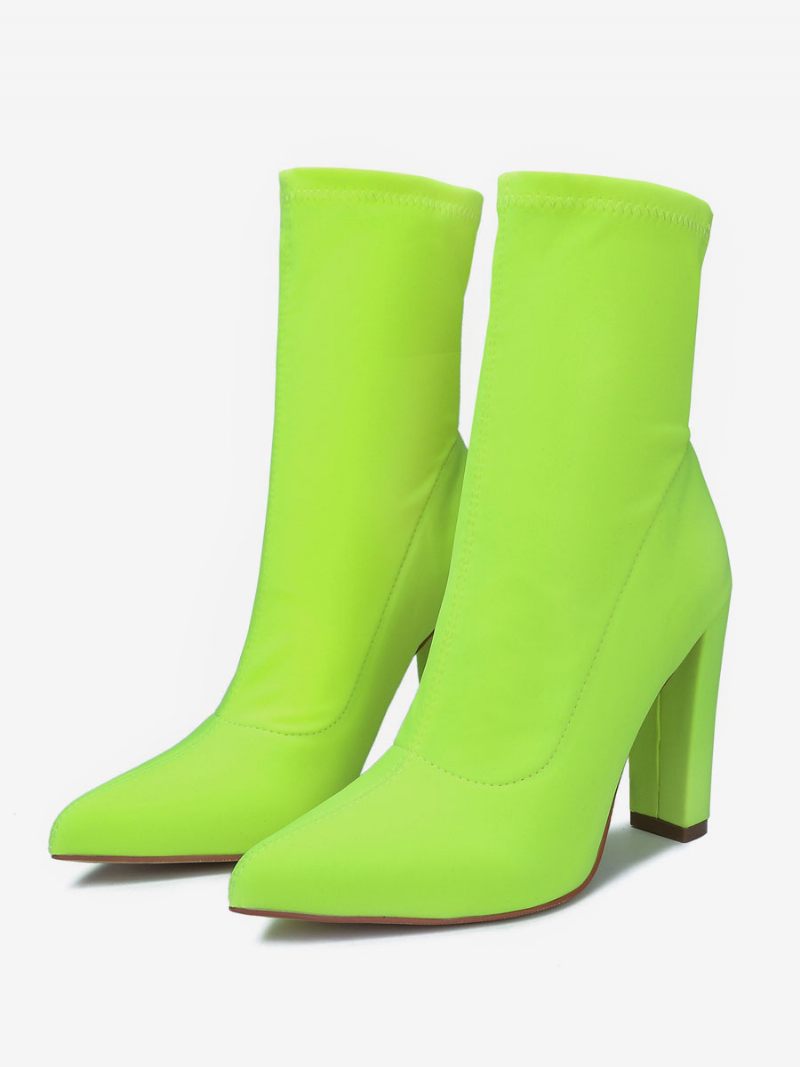 Bottines À Talons Épais Et Bout Pointu Tissu Élastique Pour Femmes - Jaune Vert