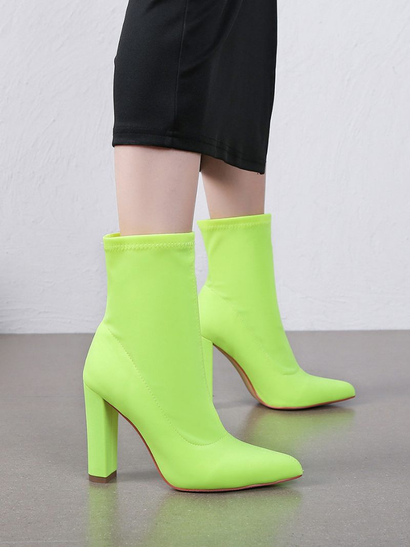 Bottines À Talons Épais Et Bout Pointu Tissu Élastique Pour Femmes - Jaune Vert