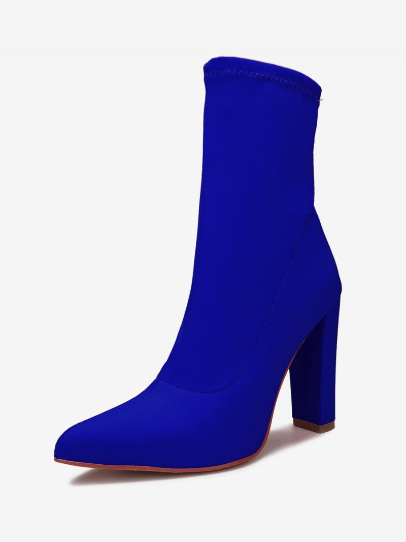 Bottines À Talons Épais Et Bout Pointu Tissu Élastique Pour Femmes - Bleu Royal