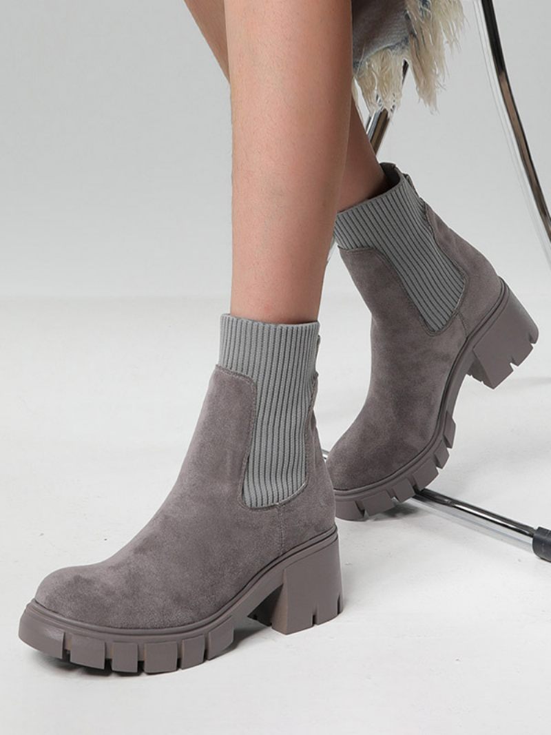 Bottines À Talons Épais Et Bout Rond Cuir Suédé Pour Femmes - Gris