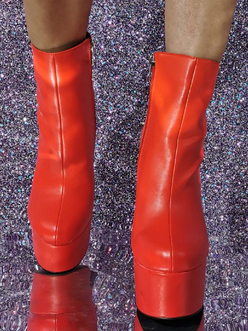 Bottines À Talons Épais Et Bout Rond Pour Femmes - Rouge