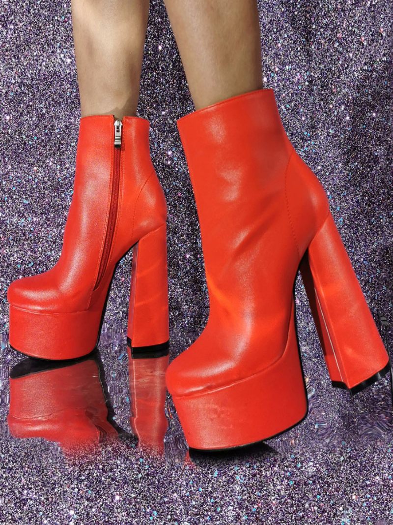 Bottines À Talons Épais Et Bout Rond Pour Femmes - Rouge