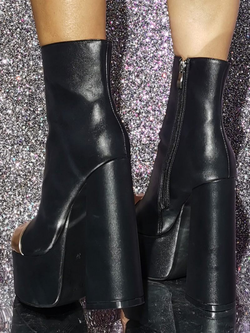 Bottines À Talons Épais Et Bout Rond Pour Femmes - Noir