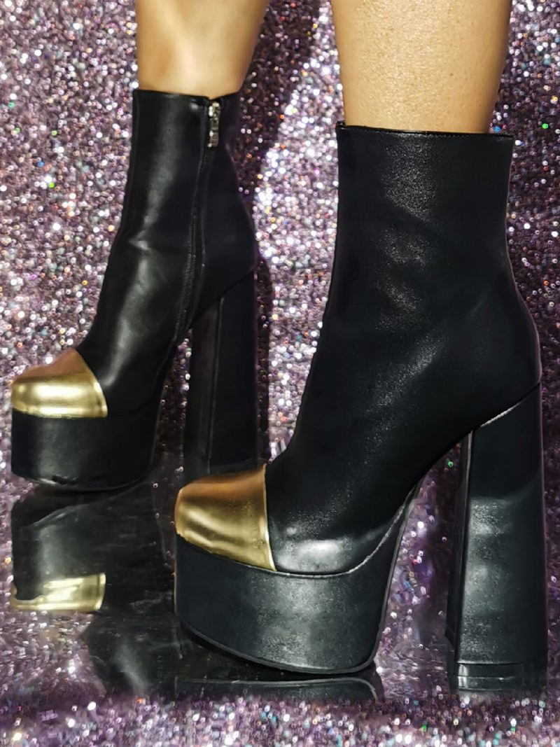 Bottines À Talons Épais Et Bout Rond Pour Femmes - Noir