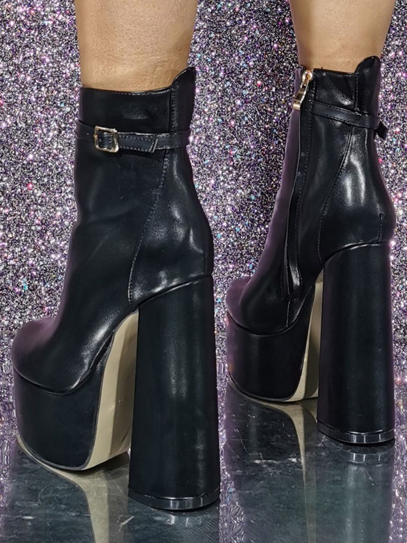 Bottines À Talons Épais Et Bout Rond Pour Femmes - Noir