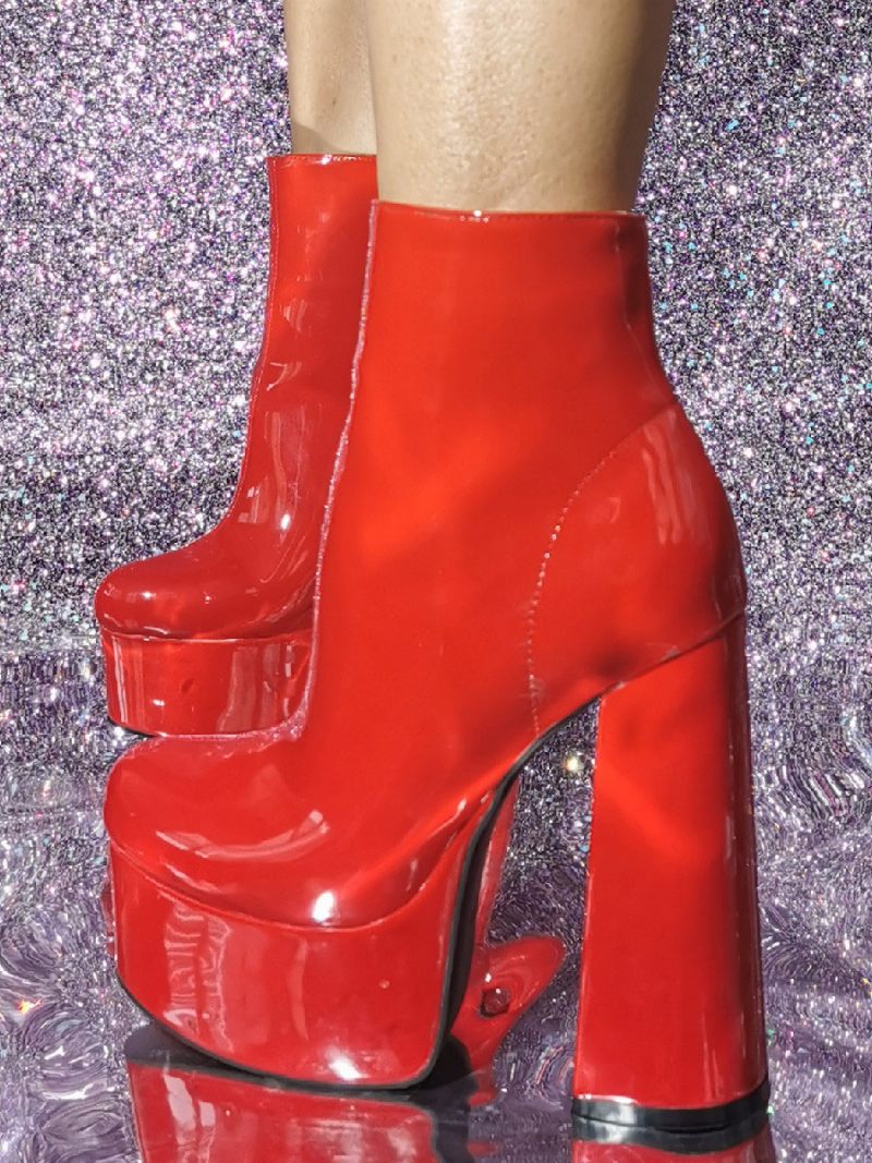 Bottines À Talons Épais Et Bout Rond Pour Femmes - Rouge