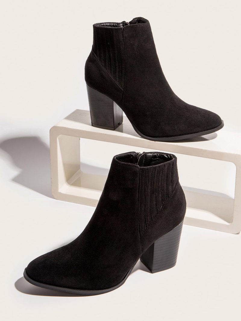 Bottines À Talons Épais Et Bout Rond Pour Femmes - Noir