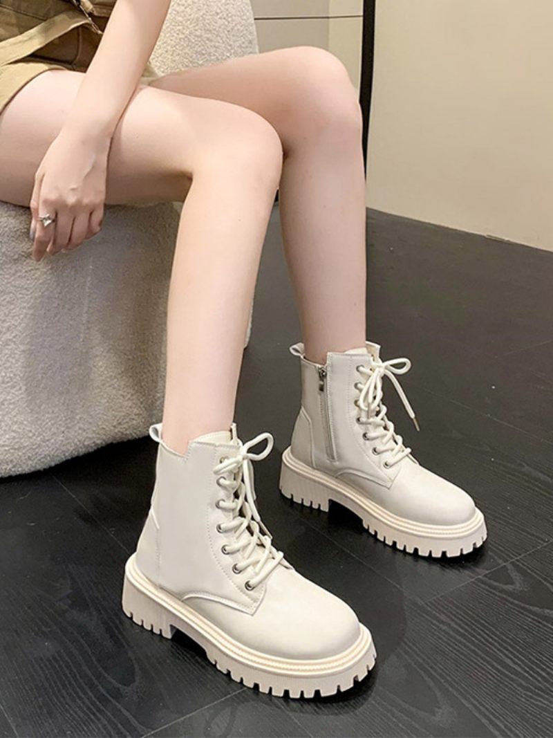 Bottines À Talons Épais Et Bout Rond Pour Femmes - Beige