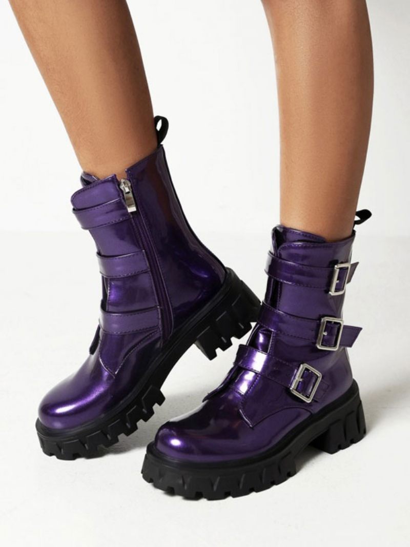 Bottines À Talons Épais Et Bout Rond Pu Verni Avec Détails Métalliques Pour Femmes - Violet