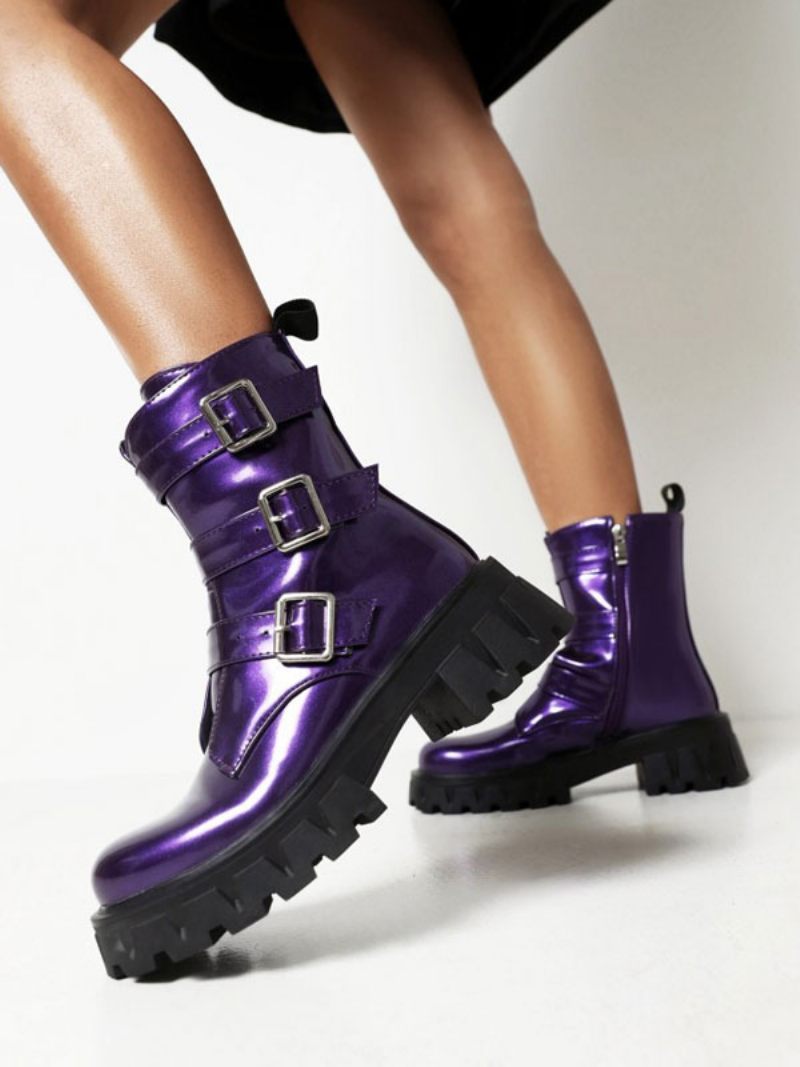 Bottines À Talons Épais Et Bout Rond Pu Verni Avec Détails Métalliques Pour Femmes - Violet