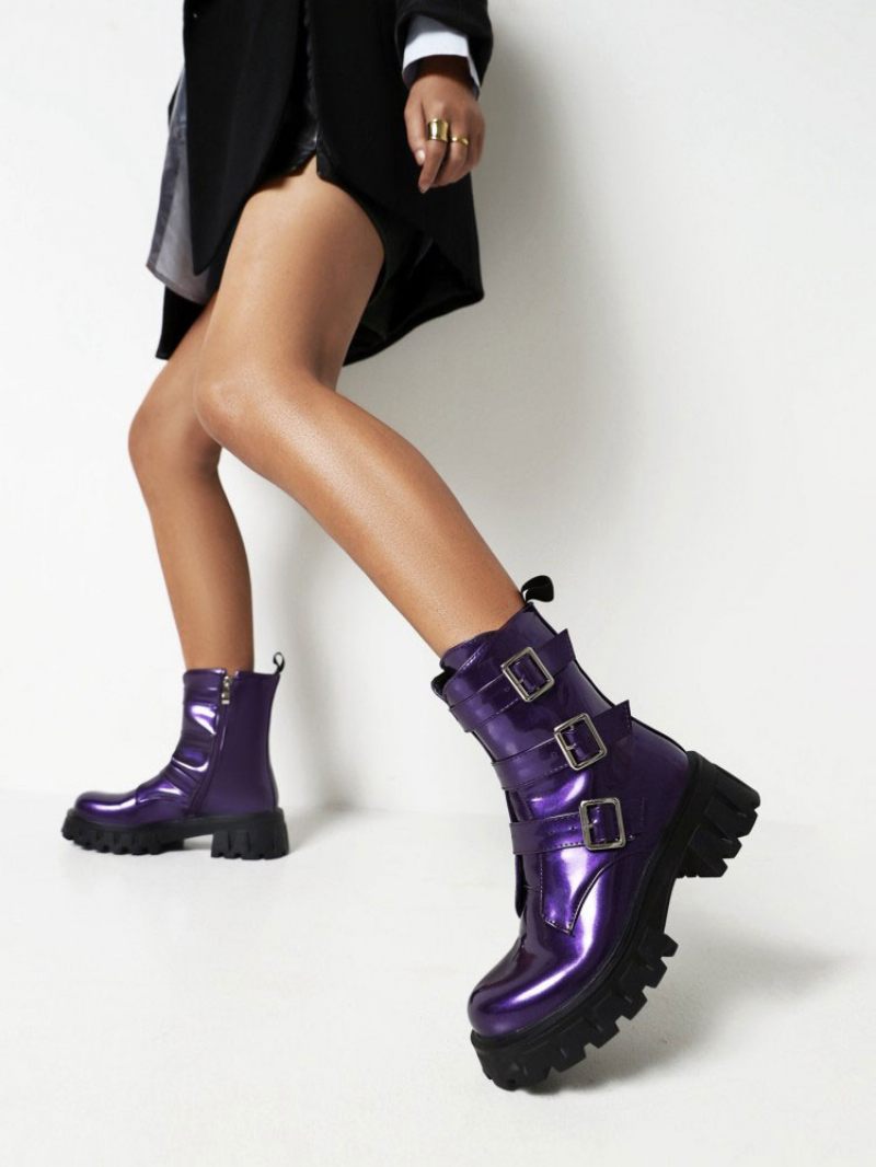 Bottines À Talons Épais Et Bout Rond Pu Verni Avec Détails Métalliques Pour Femmes - Violet