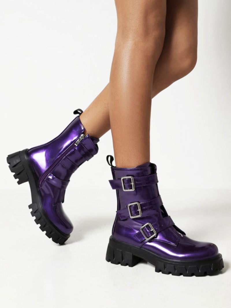 Bottines À Talons Épais Et Bout Rond Pu Verni Avec Détails Métalliques Pour Femmes - Violet