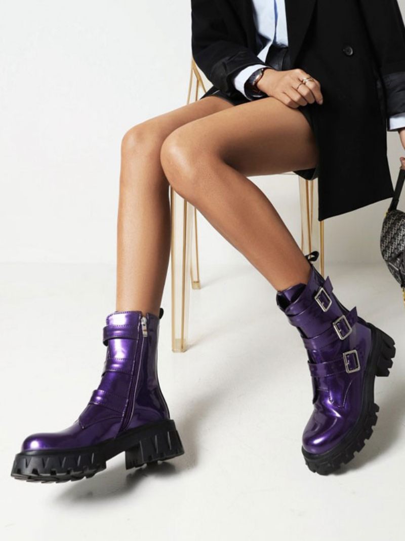 Bottines À Talons Épais Et Bout Rond Pu Verni Avec Détails Métalliques Pour Femmes - Violet