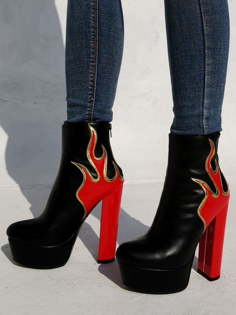 Bottines À Talons Épais Et Plateforme Flame Pour Femmes - Rouge