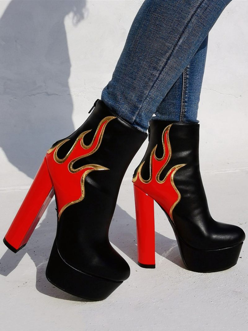 Bottines À Talons Épais Et Plateforme Flame Pour Femmes - Rouge