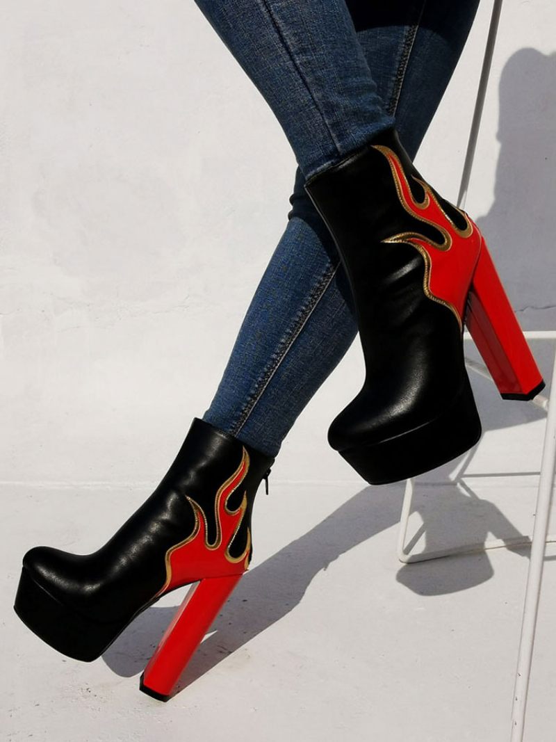 Bottines À Talons Épais Et Plateforme Flame Pour Femmes - Rouge