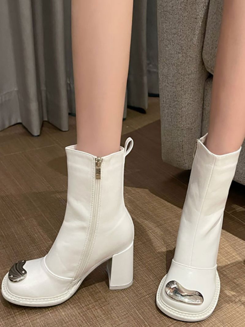 Bottines À Talons Épais Pour Femmes Avec Métal - Blanc