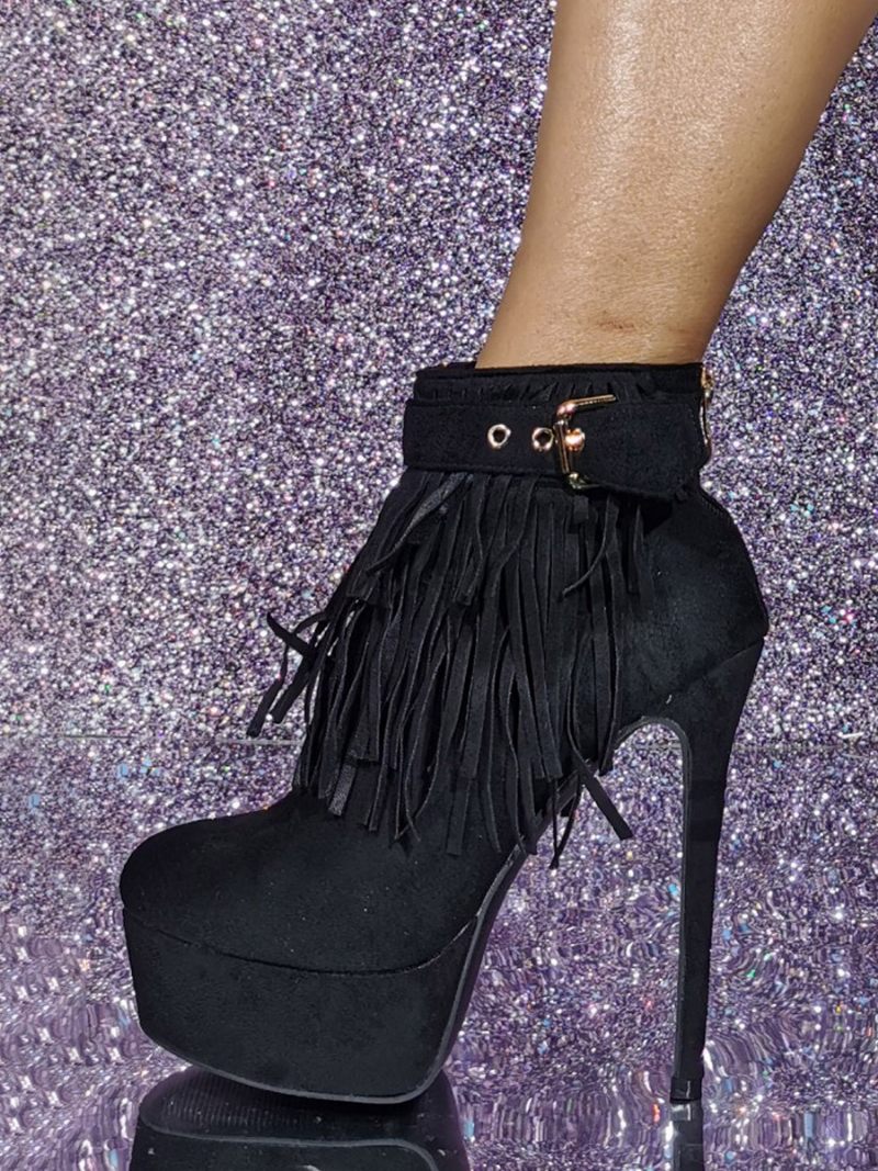 Bottines À Talons Hauts Avec Boucle Et Plateforme Daim Pour Femmes Pompons - Noir