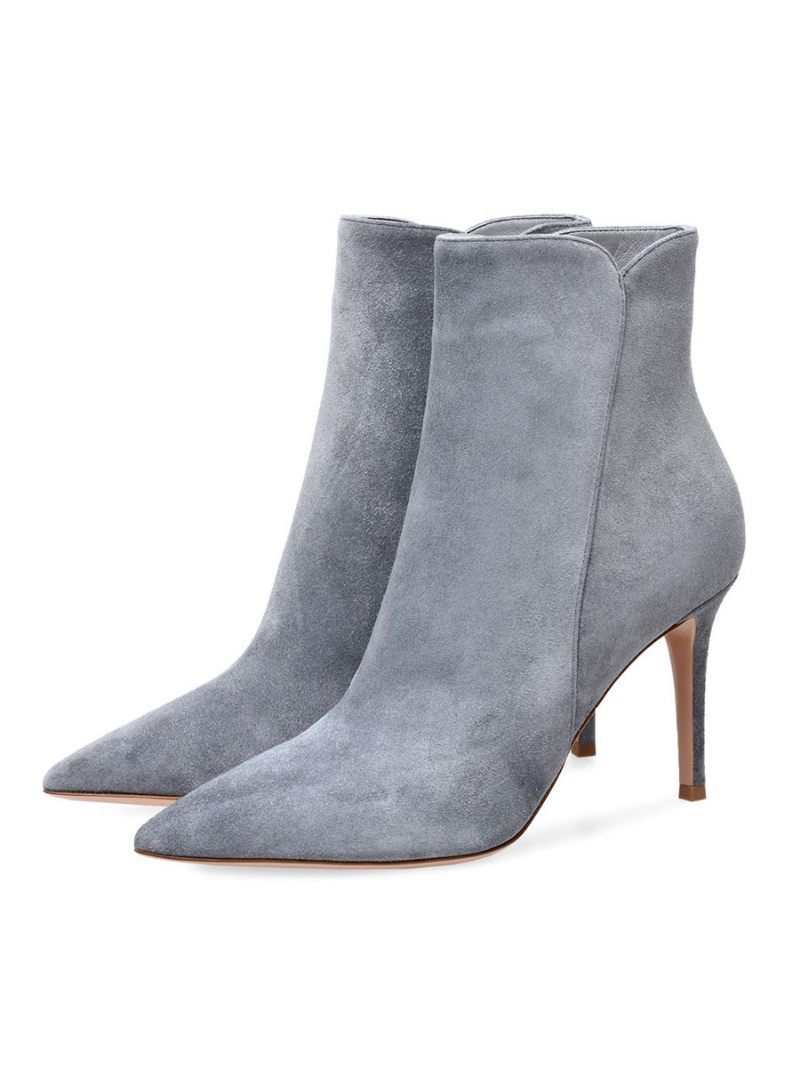 Bottines À Talons Hauts Pour Femmes Daim Bout Pointu Et Talon Aiguille - Gris